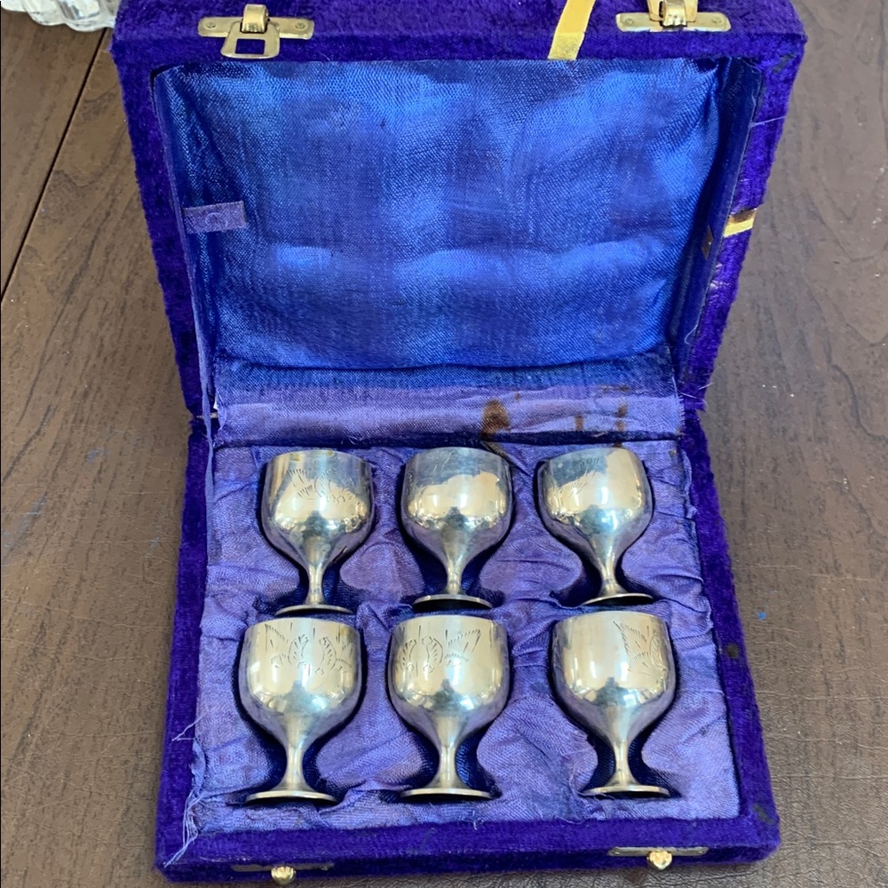 Vintage set of six silver-plated glasses with handmade engraving